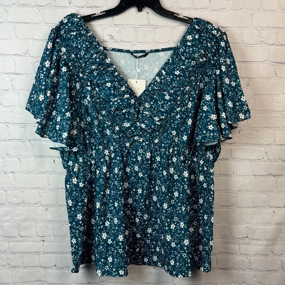 BloomChic Teal Floral Print Ruffle V Neck Top Plus Size 3X - Picture 2 of 6